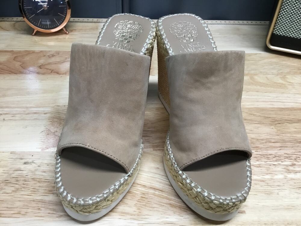 Vince Camuto Brissia Sandals Womens US 6 Gray Leather Raffia Platform Wedge Heel